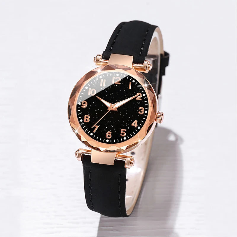 Multiluxi 5PCS / Set Frauen Uhren Armbänder Set Mode Sternenhimmel Zifferblatt Leder Band Quarzuhr