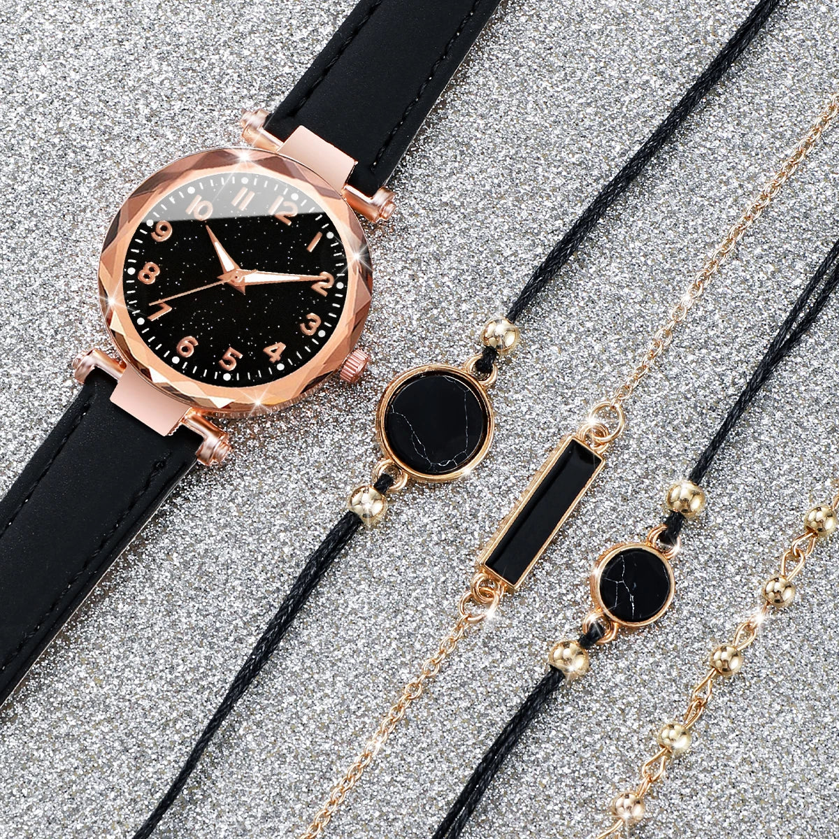 Multiluxi 5PCS / Set Frauen Uhren Armbänder Set Mode Sternenhimmel Zifferblatt Leder Band Quarzuhr