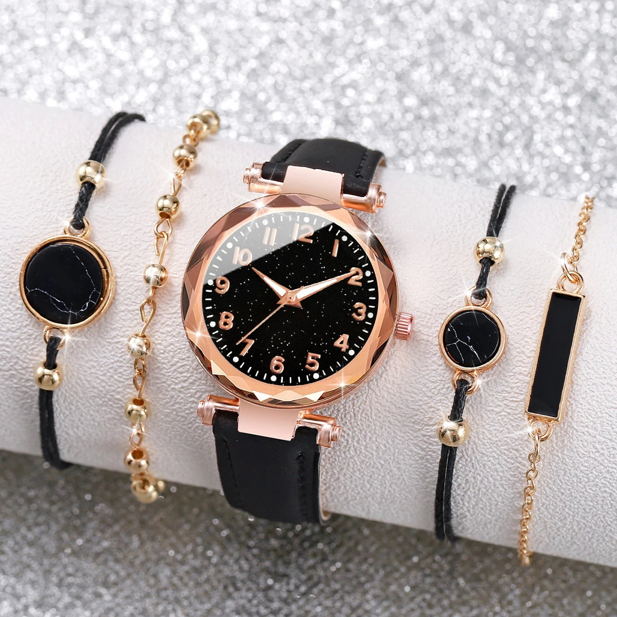 Multiluxi 5PCS / Set Frauen Uhren Armbänder Set Mode Sternenhimmel Zifferblatt Leder Band Quarzuhr
