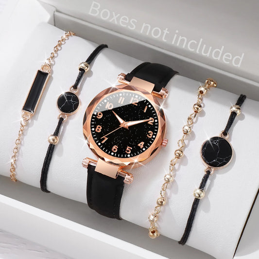 Multiluxi 5PCS / Set Frauen Uhren Armbänder Set Mode Sternenhimmel Zifferblatt Leder Band Quarzuhr
