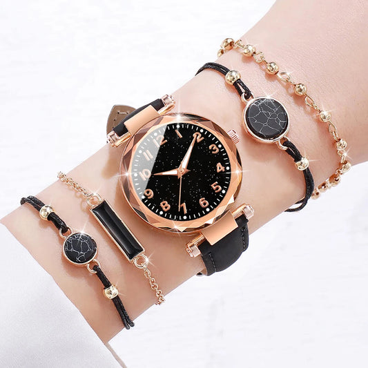 Multiluxi 5PCS / Set Frauen Uhren Armbänder Set Mode Sternenhimmel Zifferblatt Leder Band Quarzuhr